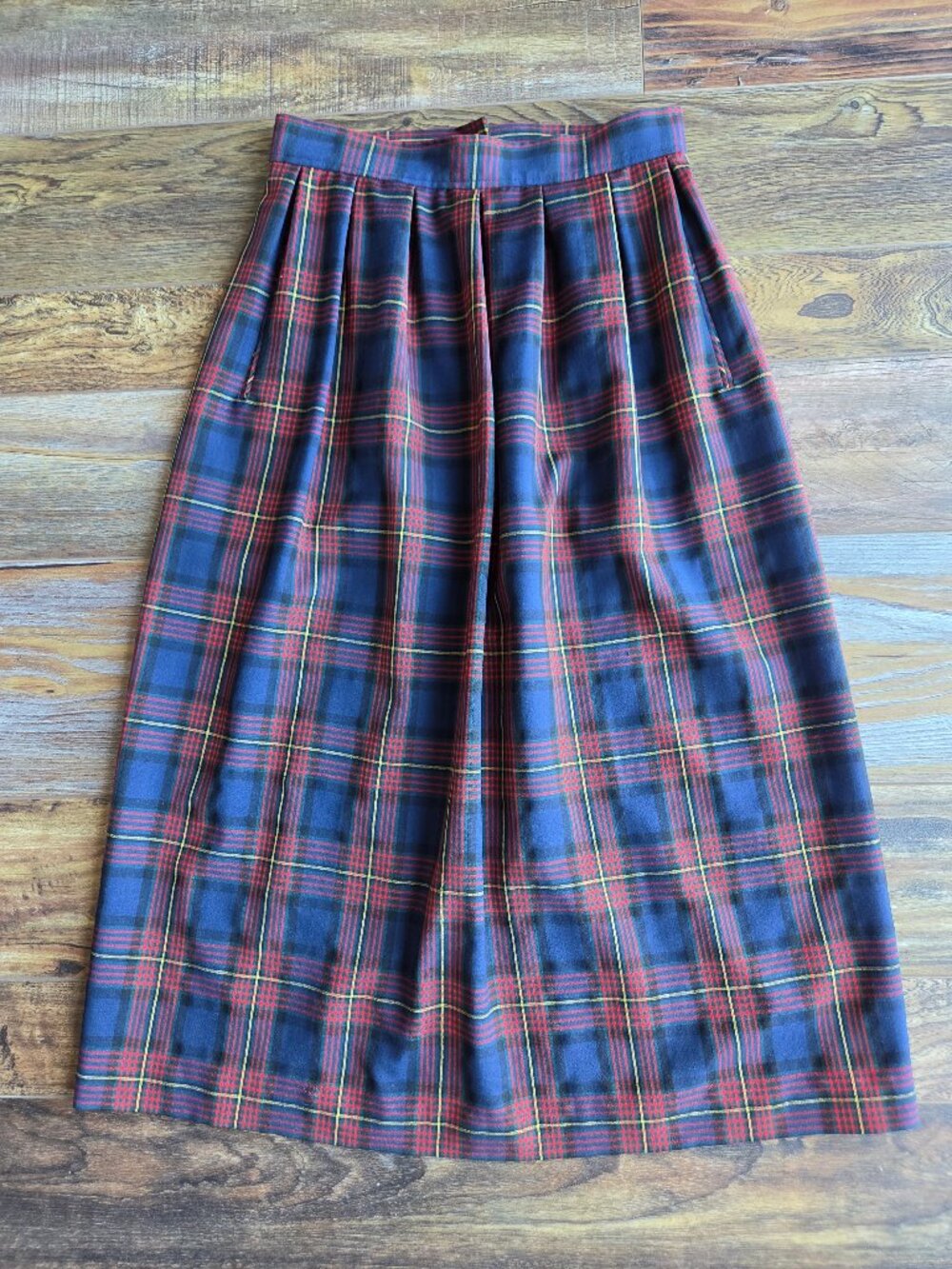 Vintage Pendleton Made in USA Wool Plaid Pleated Midi Skirt Pocket Blue Womens 8